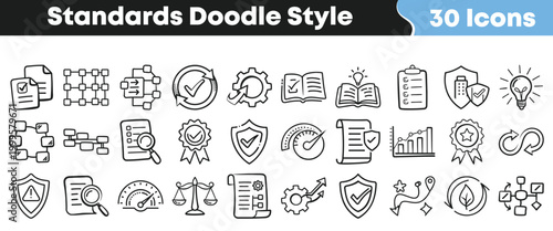 Set of hand drawn business standard icons in a creative doodle style