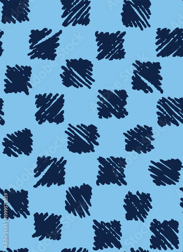 Freehand drawn check seamless repeat pattern on cloud blue background. Hand drawn, vector geometrical aop, all over surface print.