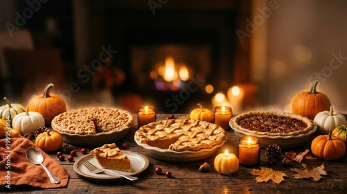 Fall desserts: pumpkin, apple, pecan pies, gourds & candles on a wood table
