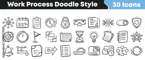 Hand drawn doodle style icons depicting various elements of work process and business.