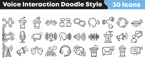 Collection of doodle style icons representing voice interaction and communication concepts