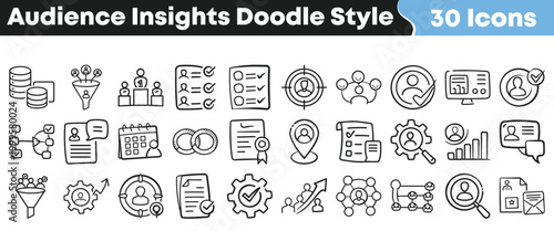 Creative doodle style icons illustrating audience insights data and analytics concepts