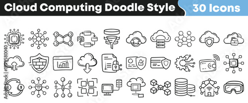 Hand drawn cloud computing icons representing digital services and connectivity concepts
