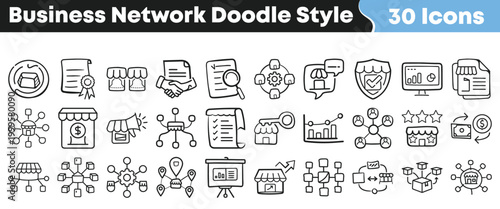 Collection of business network doodle style icons for business concepts and strategies