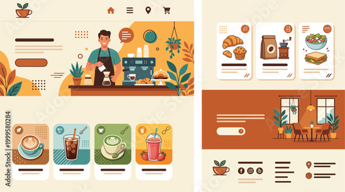 An illustration of a man working at a restaurant counter with food and drink menus displayed