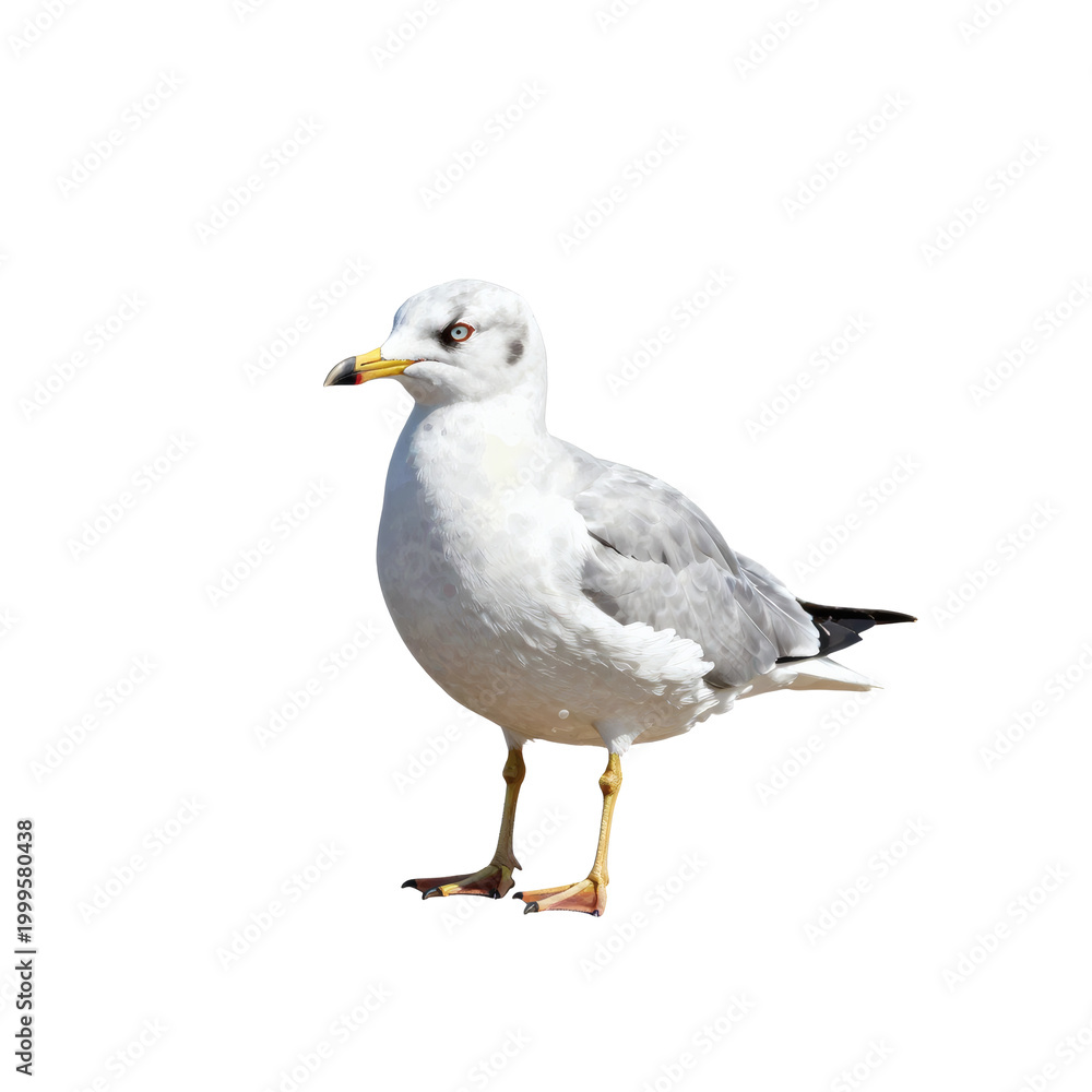 Fototapeta premium Ring-billed gull stands tall with its feathers ruffled on a white backdrop