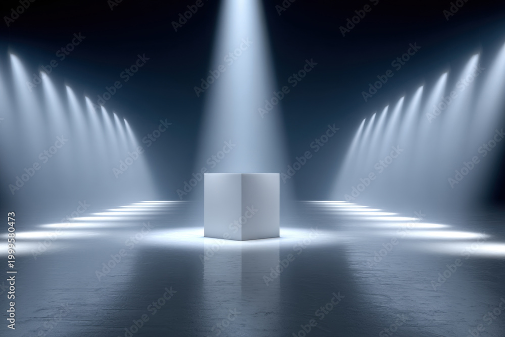 Obraz premium A white box in the center of the stage, space for advertising. Presentation