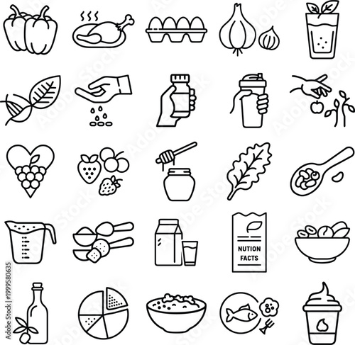 Healthy nutrition and diet icons set, 25 linear food and cooking vector elements, organic meal planning and grocery shopping symbols for wellness apps