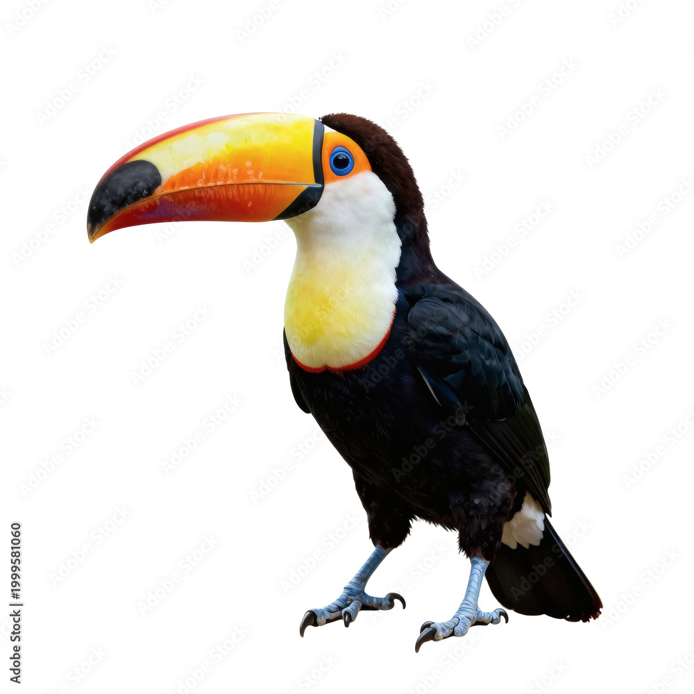 Fototapeta premium Close up of a toco toucan perched on a white background in the studio lighting