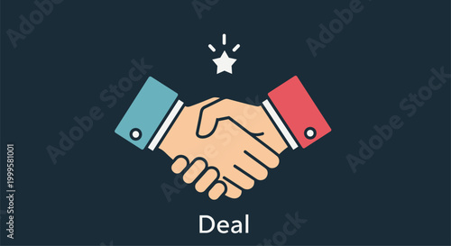Handshake accompanied by a star and the word "Deal," signifying a successful agreement, completed transaction, or business partnership.