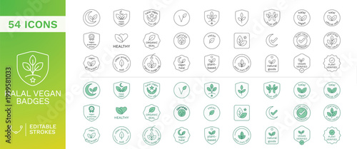 Halal Vegan and Organic Seal Icons Set featuring Eco Friendly Natural Product Labels and Plant Based Guarantee Badges in Editable Stroke Line Art Vector Collection for Packaging