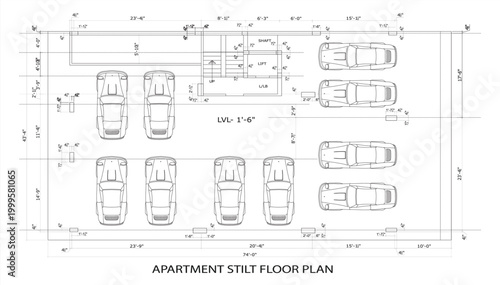 Apartment stilt floor plan with car parking spaces and measurements