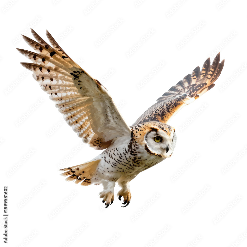 Obraz premium Short eared owl soars through the air with wings spread wide