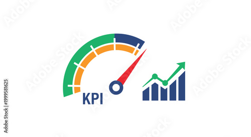 KPI gauge next to a bar chart with an upward trend, representing crucial key performance indicators and consistent business growth.