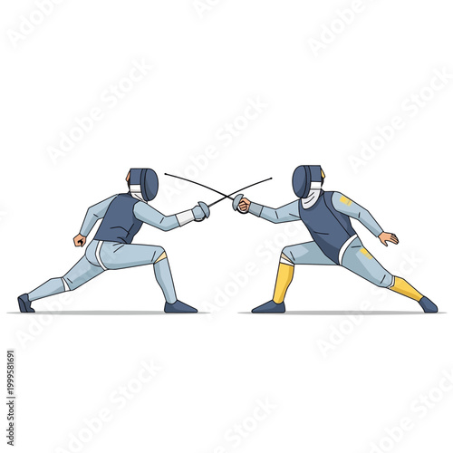 Two Fencers in Combat Stance, Swords Crossed, Ready for Duel