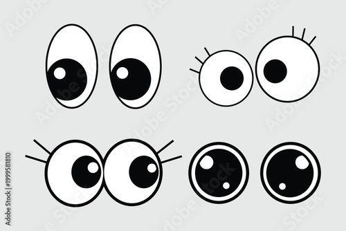 Schilderij op canvas vector illustration of a set of funny cartoon faces with colorful eyes and playf