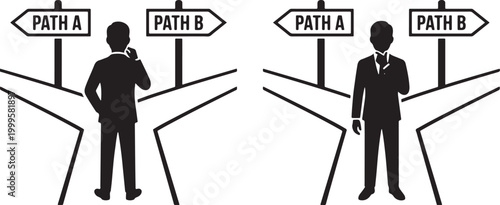 Vector silhouette of a businessman standing at a crossroad choosing between path a and path b representing strategic decision making and career direction