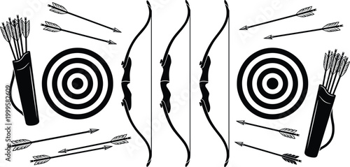 Archery bows arrows quiver and target icons, sports artwork decorative vector illustration element for hunting, competition, training, and outdoor design, flat vector illustration