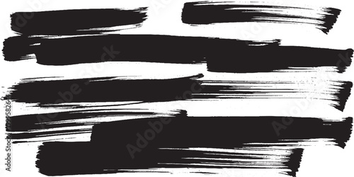 Collection of black brush strokes on white background with brush stroke hand drawn distressed scratchy creative abstract background backdrop template isolated splatter energetic painterly