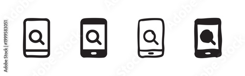 Mobile phone search icon set in various styles for app and website design, indicating mobile browsing.