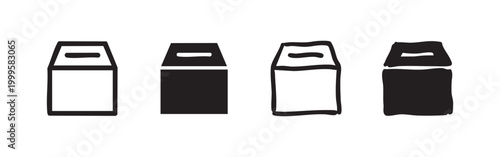 Drink box or milk carton icon set in outline and solid styles, symbolizing beverage packaging and retail.