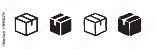 Cardboard box or package icon set in outline and solid styles, signifying shipping and delivery.