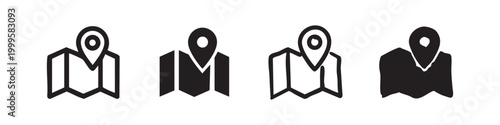 Map location icon set in various styles, representing navigation, GPS, and specific points on a map.