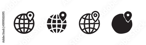 Global location icon set in various styles, representing worldwide navigation, travel, and international reach.