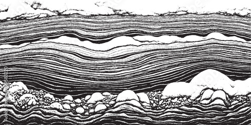 Abstract wavy horizontal layers textured black and white pattern background with horizontal abstract monochrome background geological microscopic illustration detailed structured sedimentary