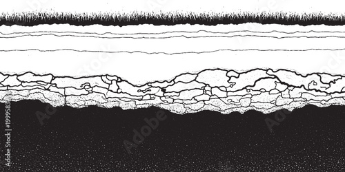 Textured horizontal bands abstract black and white layered material background with cross section horizontal abstract monochrome background material distressed illustration sediment structure