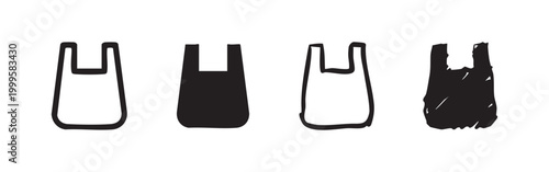 Hand-drawn plastic bag icons, set of retail shopping carrier outline and silhouette illustrations