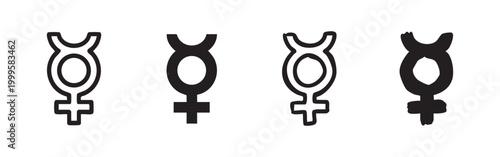 Set of hand-drawn Mercury astrological symbols, alchemical sign outline and silhouette illustrations