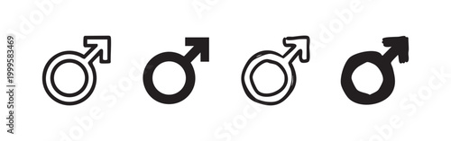 Hand-drawn male gender symbols, set of Mars masculine sign outline and silhouette illustrations