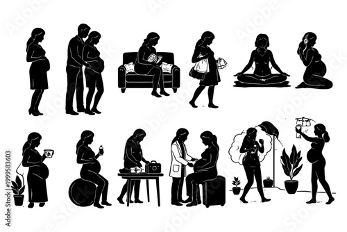 Silhouette stages of pregnancy and wellness for women.