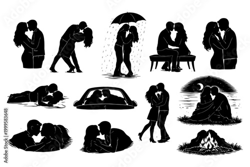 Silhouette couples in romantic scenes: love, intimacy, and affection.