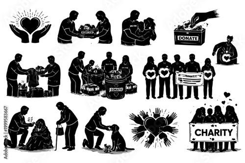 Silhouette collection of diverse people volunteering and donating for charity.