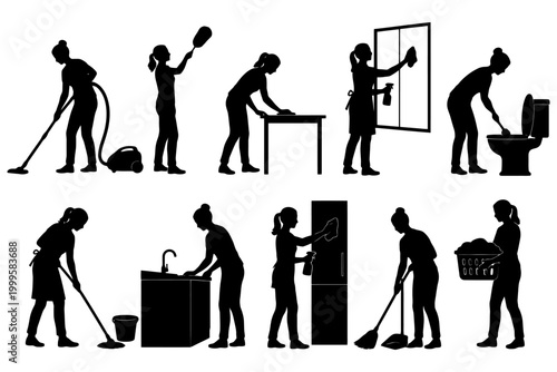 Silhouettes of females cleaning household chores domestic tasks various activities.