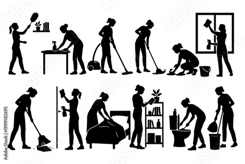 Silhouettes of woman cleaning various household tasks.