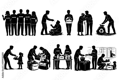 Silhouettes of diverse volunteers engaged in community service and charity activities.