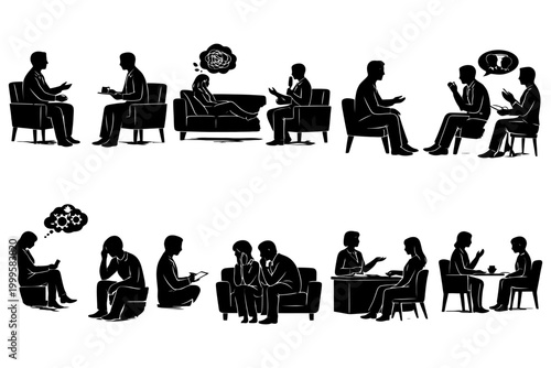 Silhouette counseling scenes: therapy sessions and mental health support.