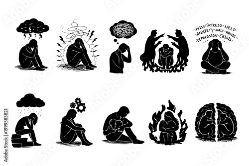 Silhouettes depicting anxiety and depression with emotional symbols.