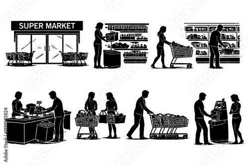 Silhouette of people shopping in supermarket with carts and self-checkout scenes.