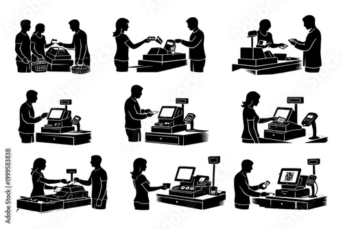Silhouettes of people using checkout counters and payment devices.