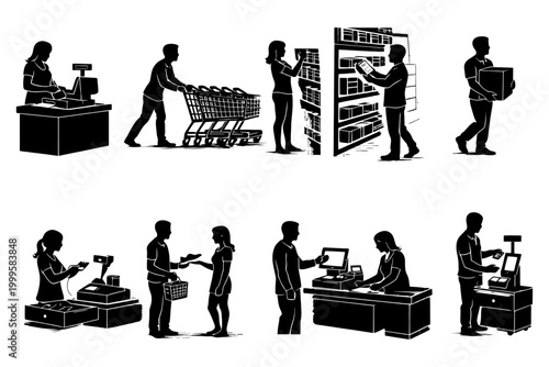 Silhouette illustrations of retail and shopping activities.