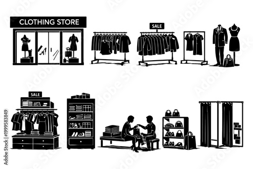 Clothing store shopping experience with displays fitting room and customer interaction.