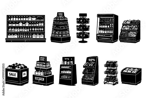 Black and white retail display stands with sale signs and product shelves.
