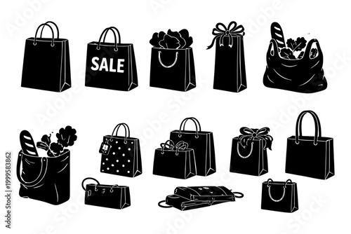 Collection of shopping bags with sale and gift designs.