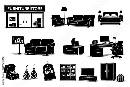 Furniture store sale: sofas, beds, desks, chairs, cabinets, and decor items.