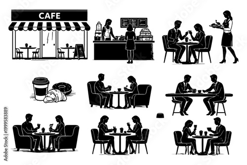 Silhouette illustrations of cafe scenes with diverse interactions.