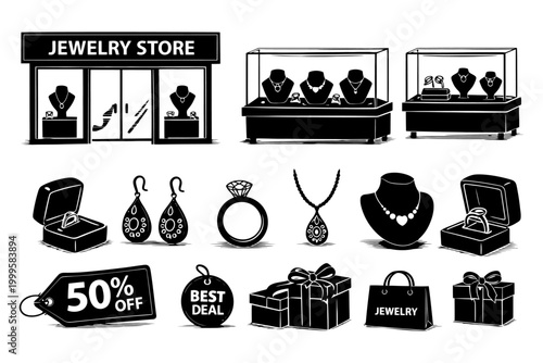 Jewelry store front with display cases and gifts.